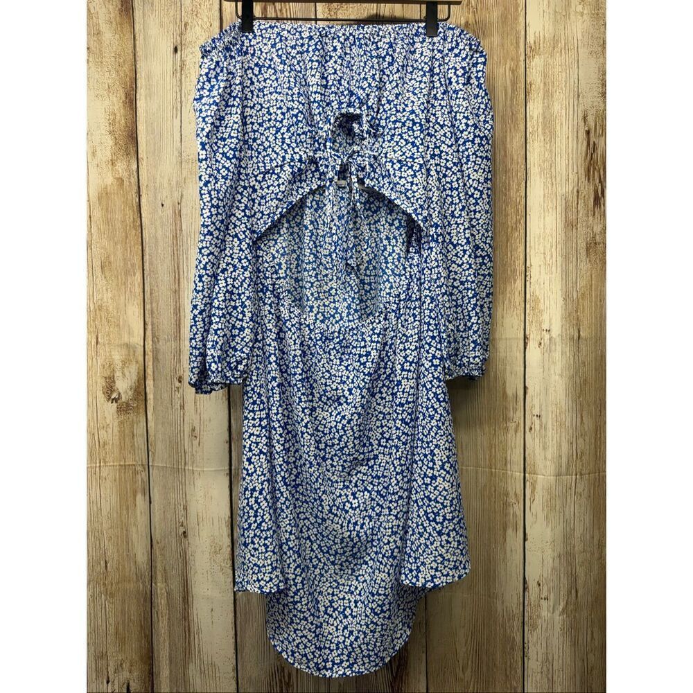 SHEIN Ditsy Floral Blue Short Waist Cut Out Off The Shoulder Summer Beach Dress